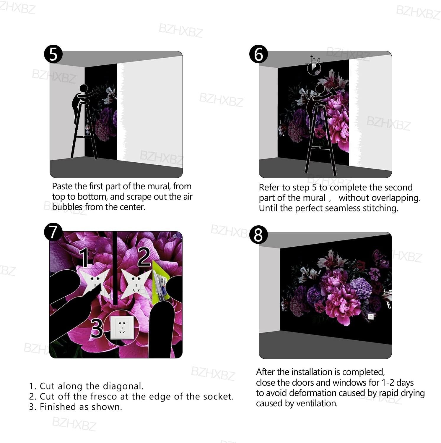 Water and Stain Resistant Floral Wall Mural - Large 183"x120" for Bedroom