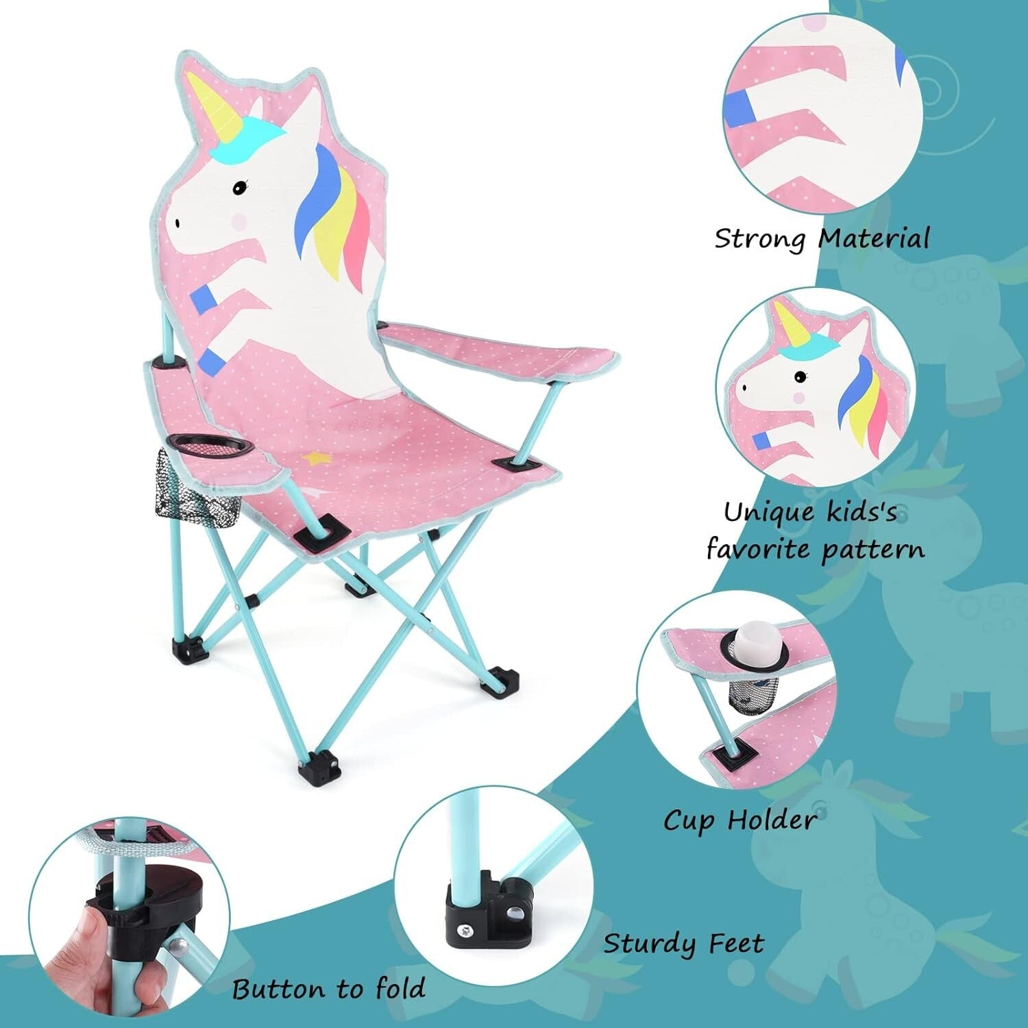 Durable Kids Outdoor Camping Chair with Cup Holder & Carrying Bag - Unicorn