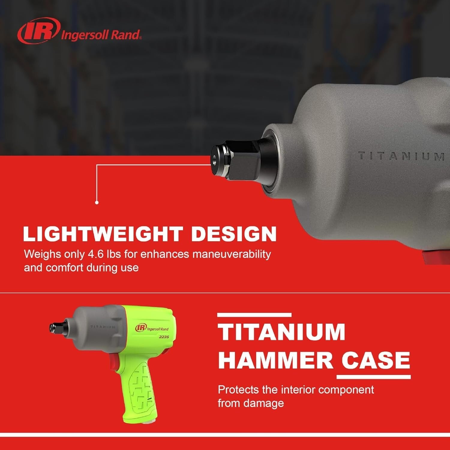 1/2" Air Impact Wrench - Lightweight 4.6 lbs, 1,350 ft-lbs Torque, Titanium Case