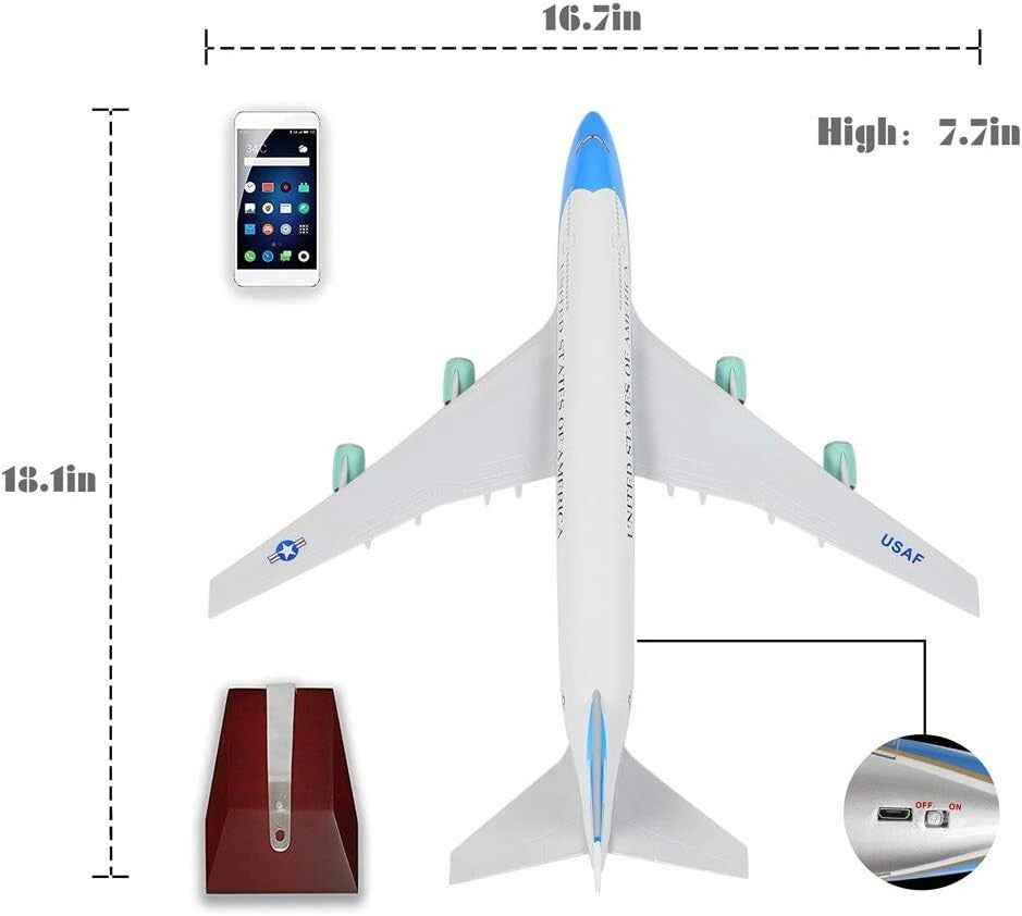 18” Diecast Air Force One Jet Model with LED Light - Perfect for Collectors