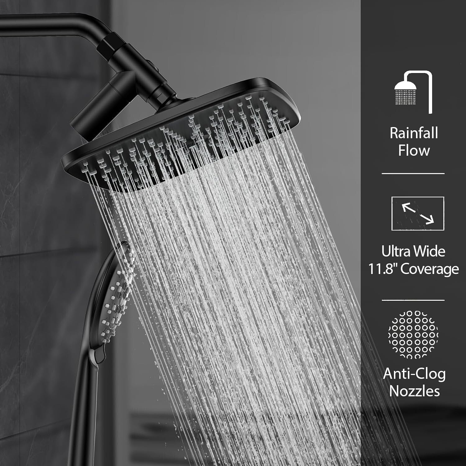 Luxurious 11.8-Inch Eco Flow Shower Head with 6 Settings - Matte Black Finish