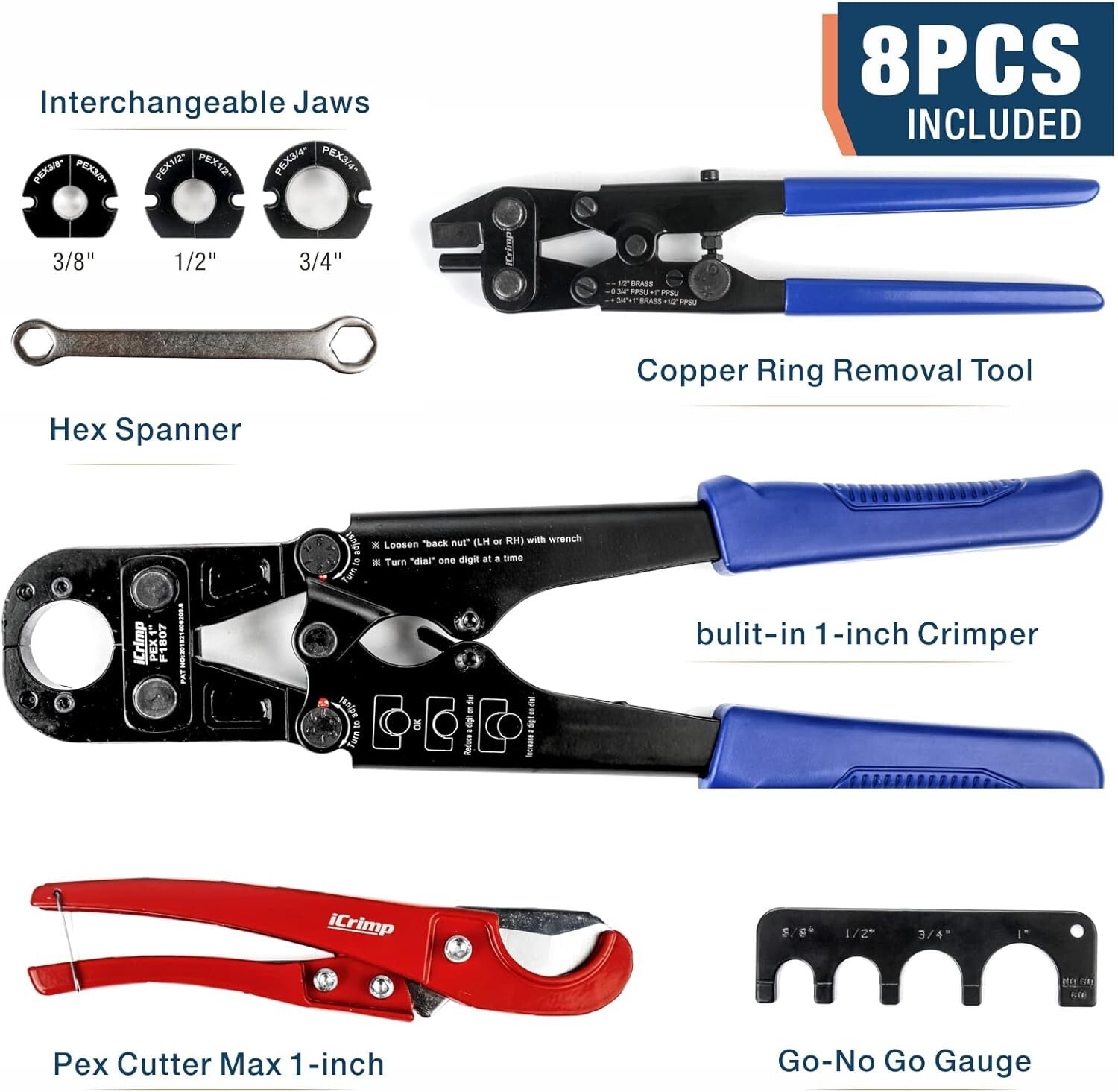 iCrimp PEX and Copper Crimping Tool Kit for 3/8 to 1-inch Pipes - Compact Design