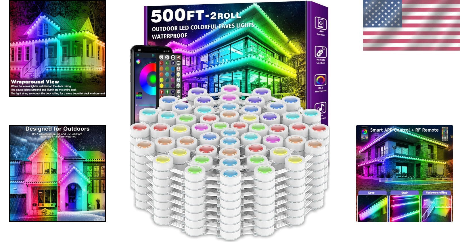 500FT Premium Outdoor RGB Lights with Bluetooth App & Music Sync - All Seasons