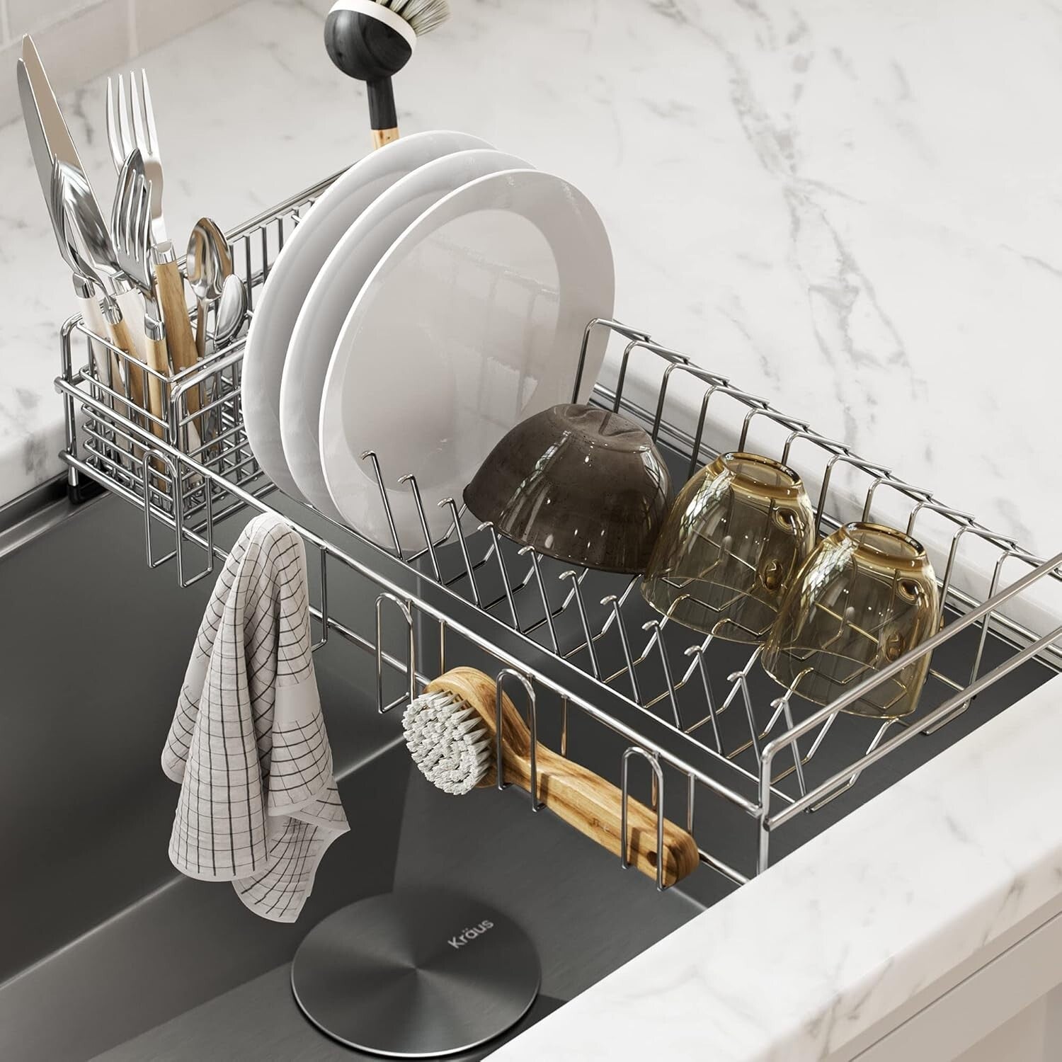 17" Stainless Steel Over Sink Dish Drying Rack with Removable Utensil Holder