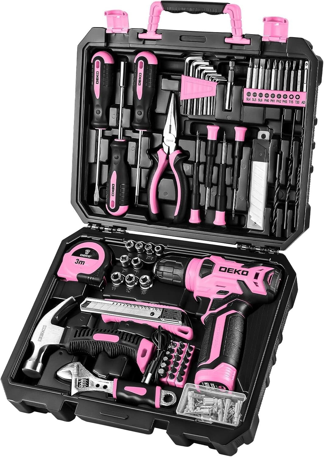 Elegant 126-Piece Pink Tool Kit with LED Cordless Drill - Home DIY Essential