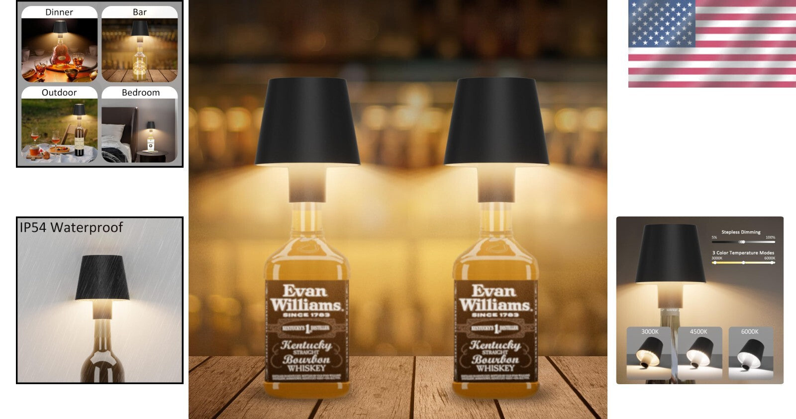 IP54 Waterproof LED Bottle Lamp Set - Cordless Dimmable Light for Home & Outdoor