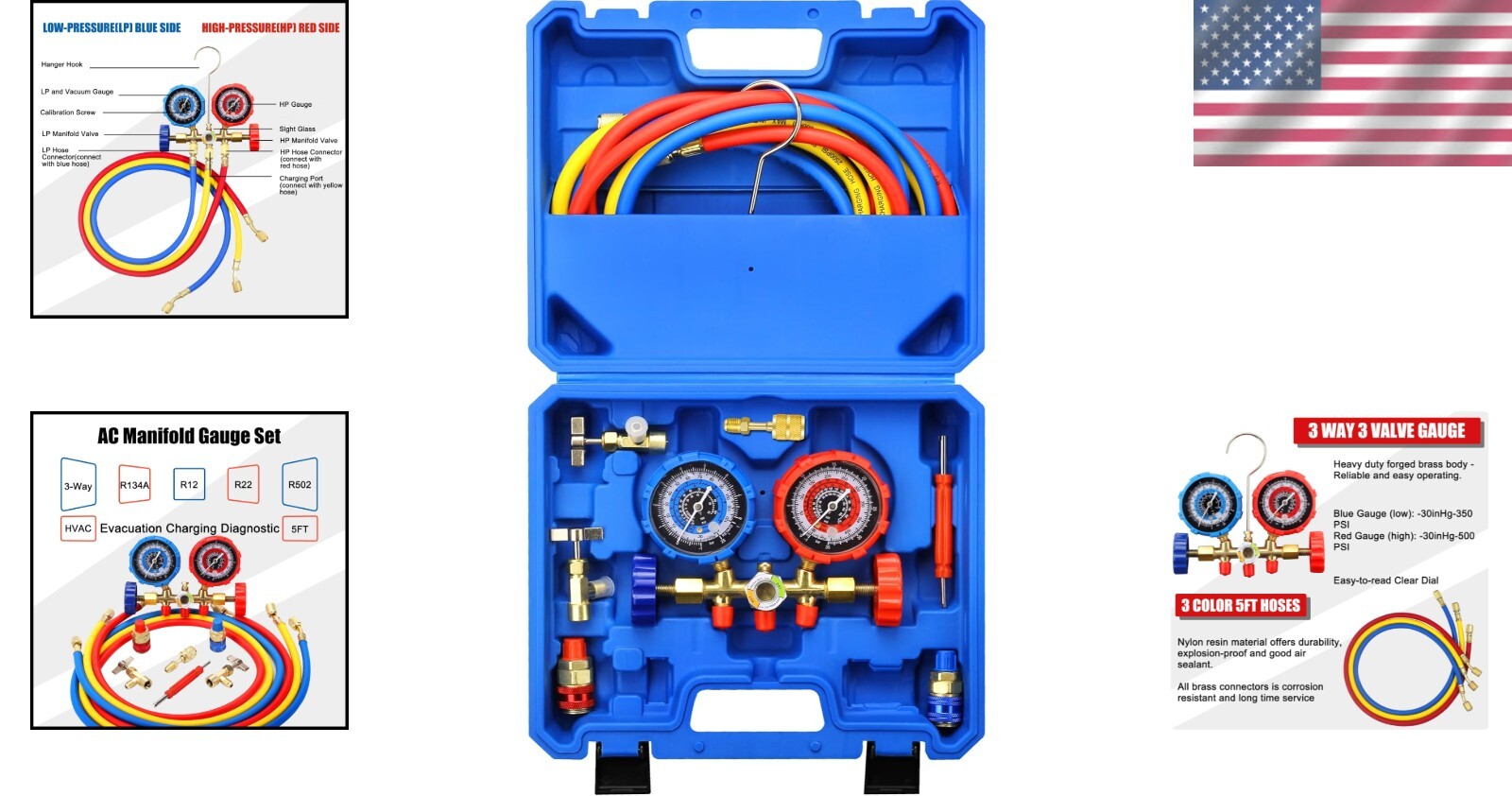 3-Way AC Gauge Set for R134A, R12 & R22 – Essential 5FT Refrigerant Charging Kit