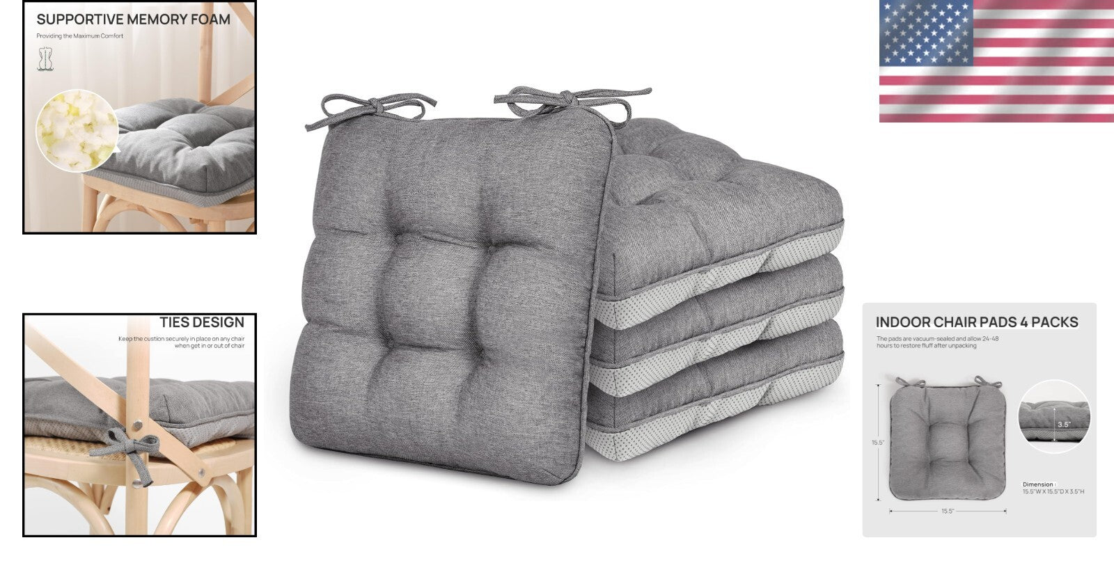 15.5" Square Memory Foam Seat Cushions - Indoor/Outdoor Plush Pads - 4 Pack