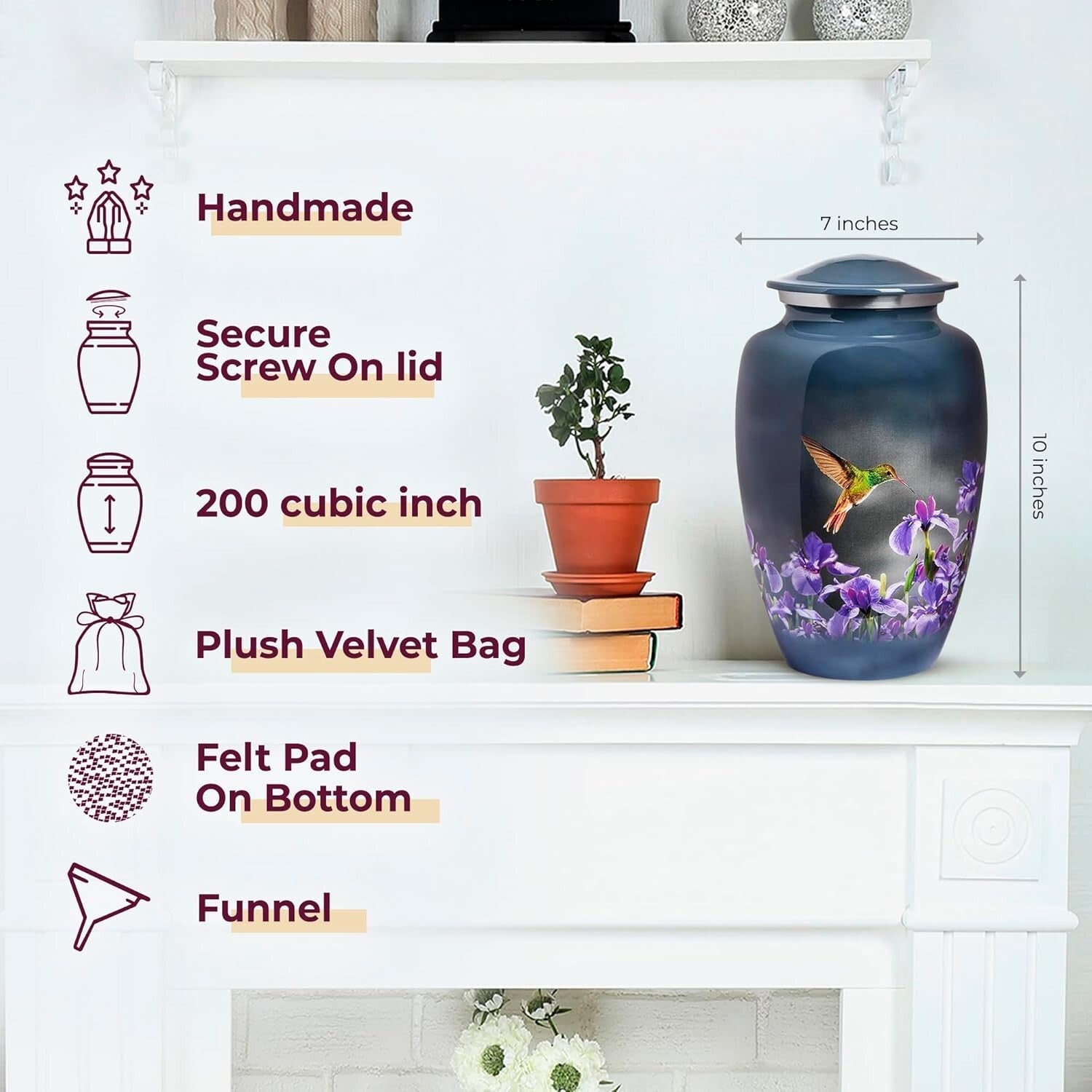 Large Decorative Burial Urn for Human Ashes - 200LB Capacity, Gray Hummingbird