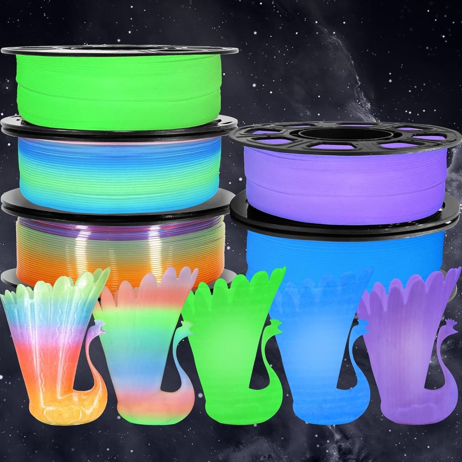 3D Printing PLA Filament 5 in 1 Bundle - Glow in Dark Colors for Creativity