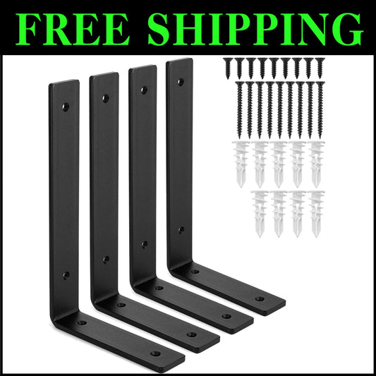 10" x 6" Matte Black Iron Shelf Brackets - 4-Pack for Industrial Style Shelving