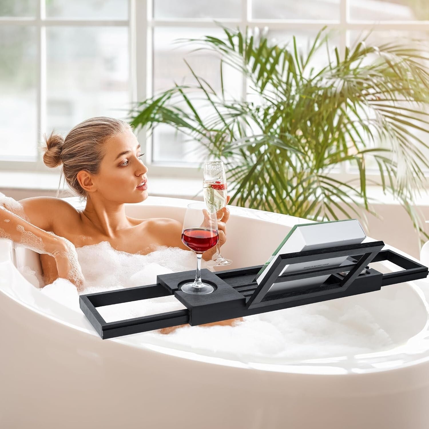 Luxury Bamboo Bath Caddy - Adjustable Tray for Wine Glass, Tablets & Relaxation