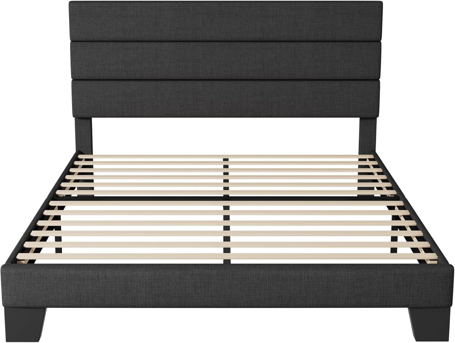 Minimalist Full Size Platform Bed Frame with Upholstered Headboard in Dark Grey