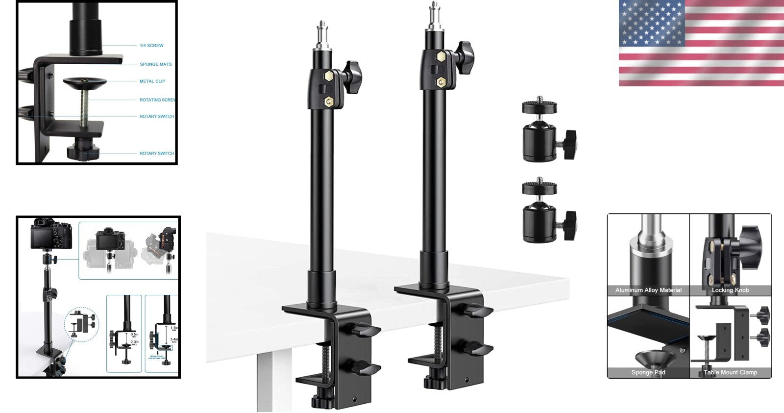 2-Pack Adjustable Desk Mount Stand with 360° Ball Head for Cameras & Lights