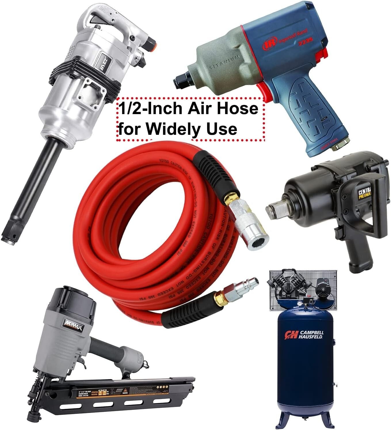 1/2" x 25ft Heavy Duty Air Hose with Solid Brass Fittings - 300 PSI Flexibility