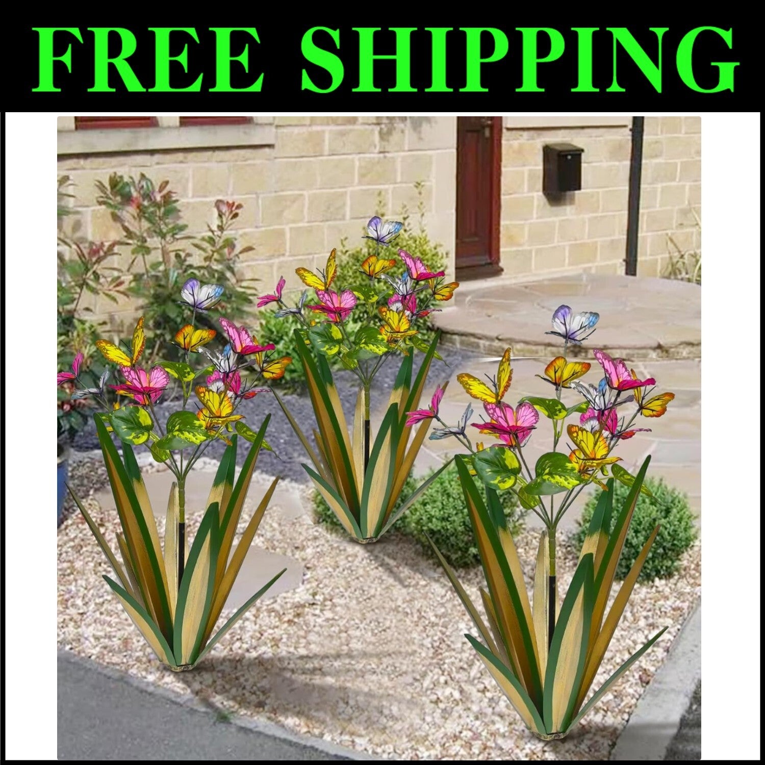 Light Green Butterfly Metal Sculptures - Wind Resistant Garden Ornaments (3pcs)