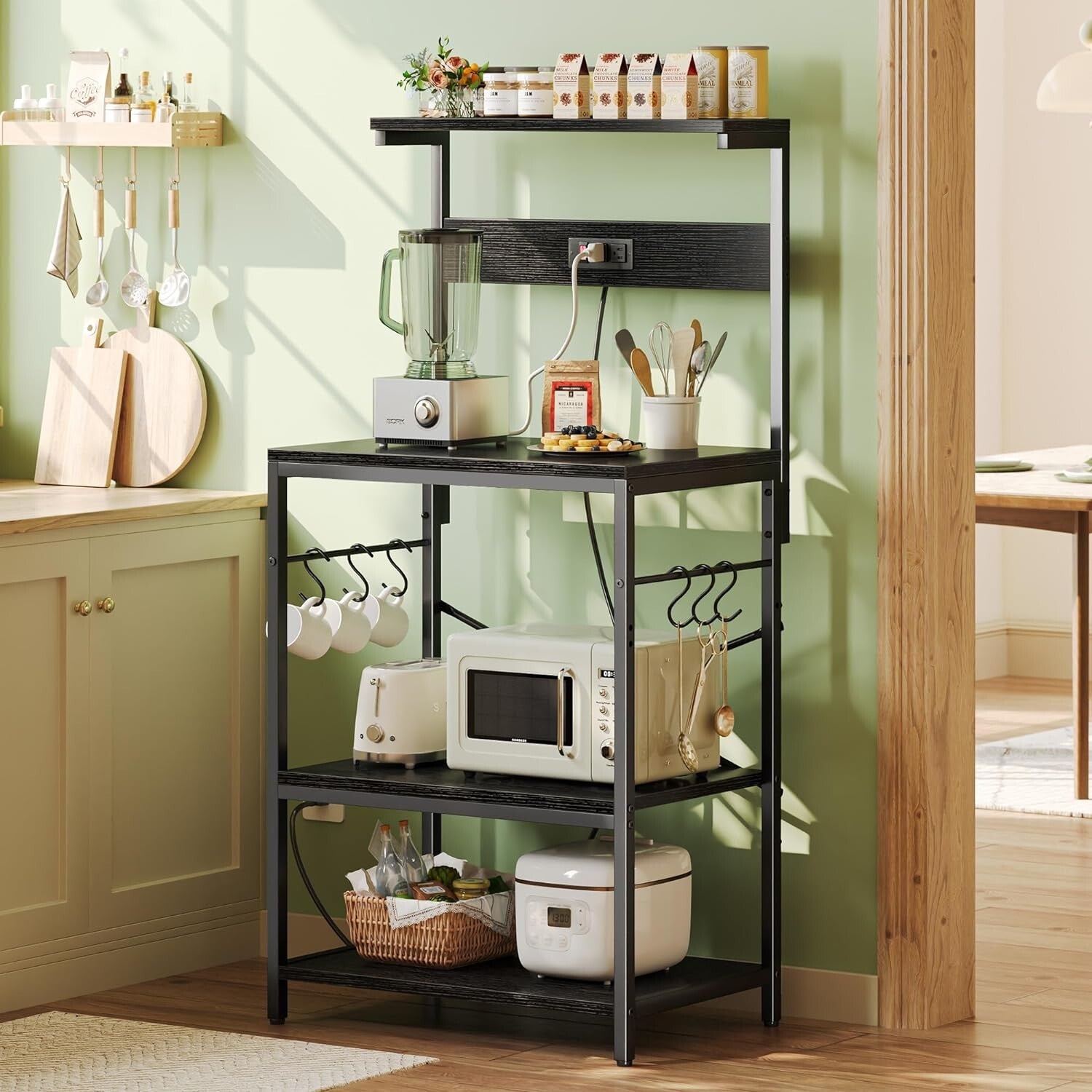Functional Microwave Stand with Storage and Adjustable Shelves - Black Finish