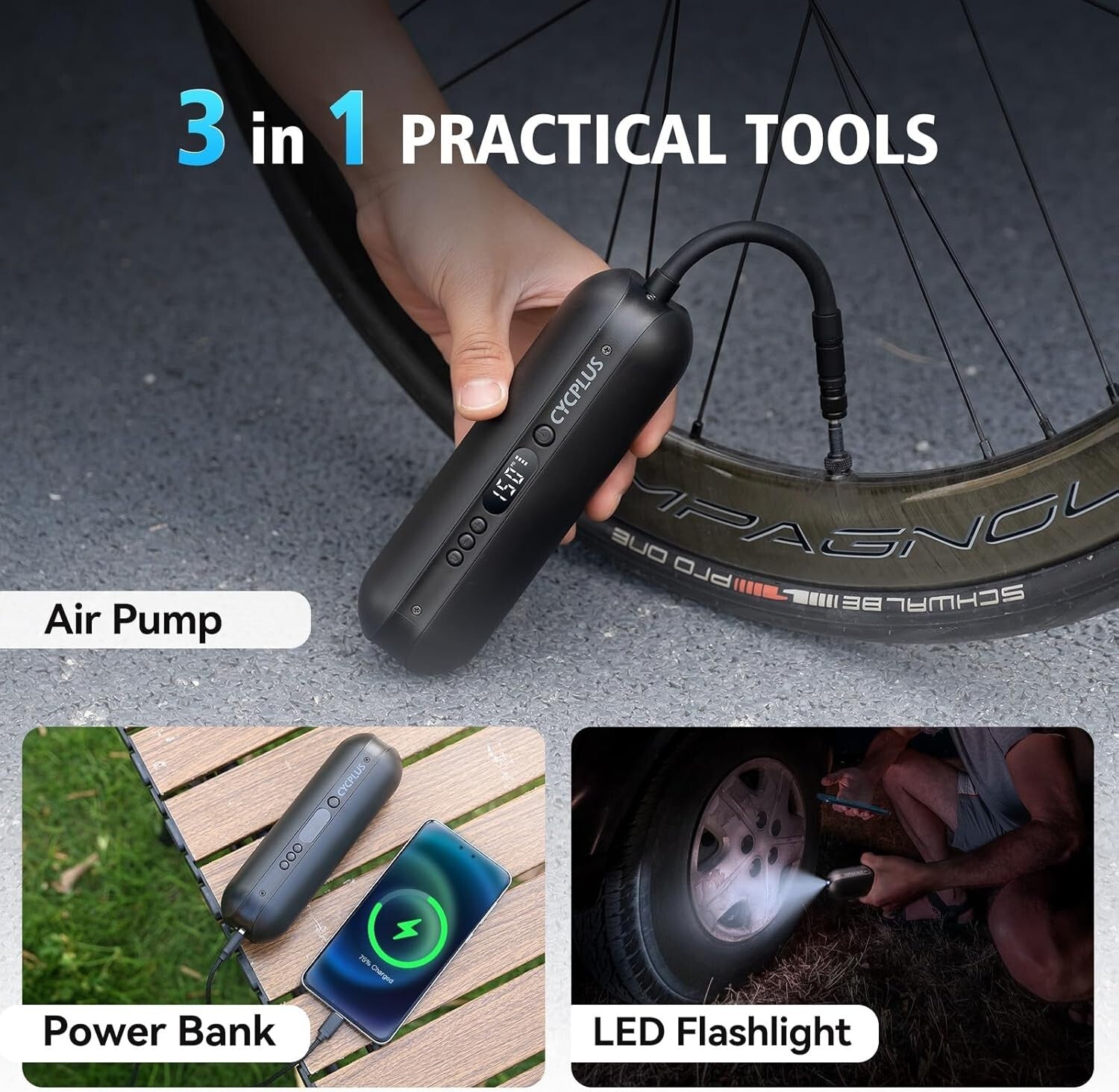 Efficient Tire Inflator with Presta & Schrader Valves - Rechargeable & Cordless