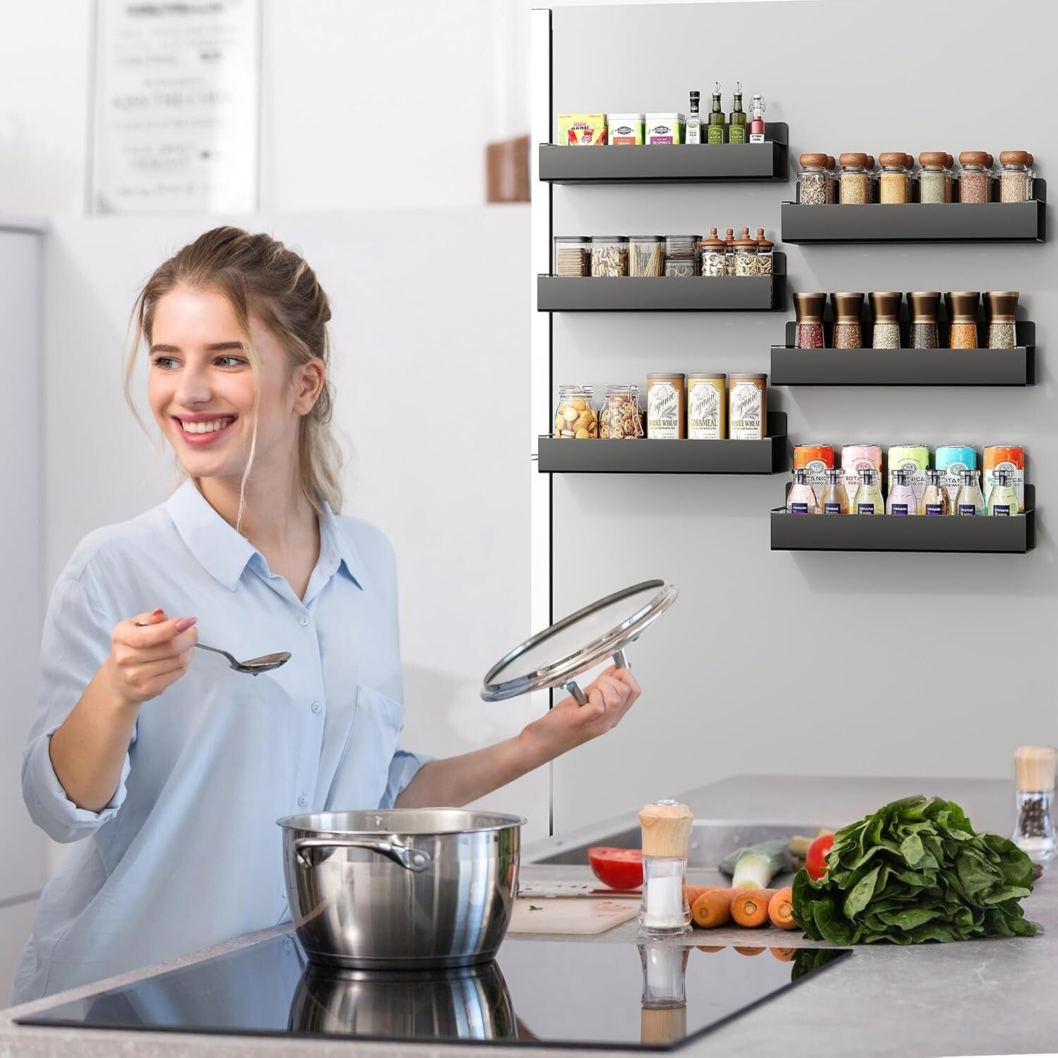 6-Pack Moveable Metal Black Magnetic Spice Racks - Modern Kitchen Organizer