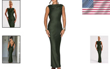 Load image into Gallery viewer, Luxurious Army Green Satin Maxi Dress - Sleeveless High Neck Cocktail Gown
