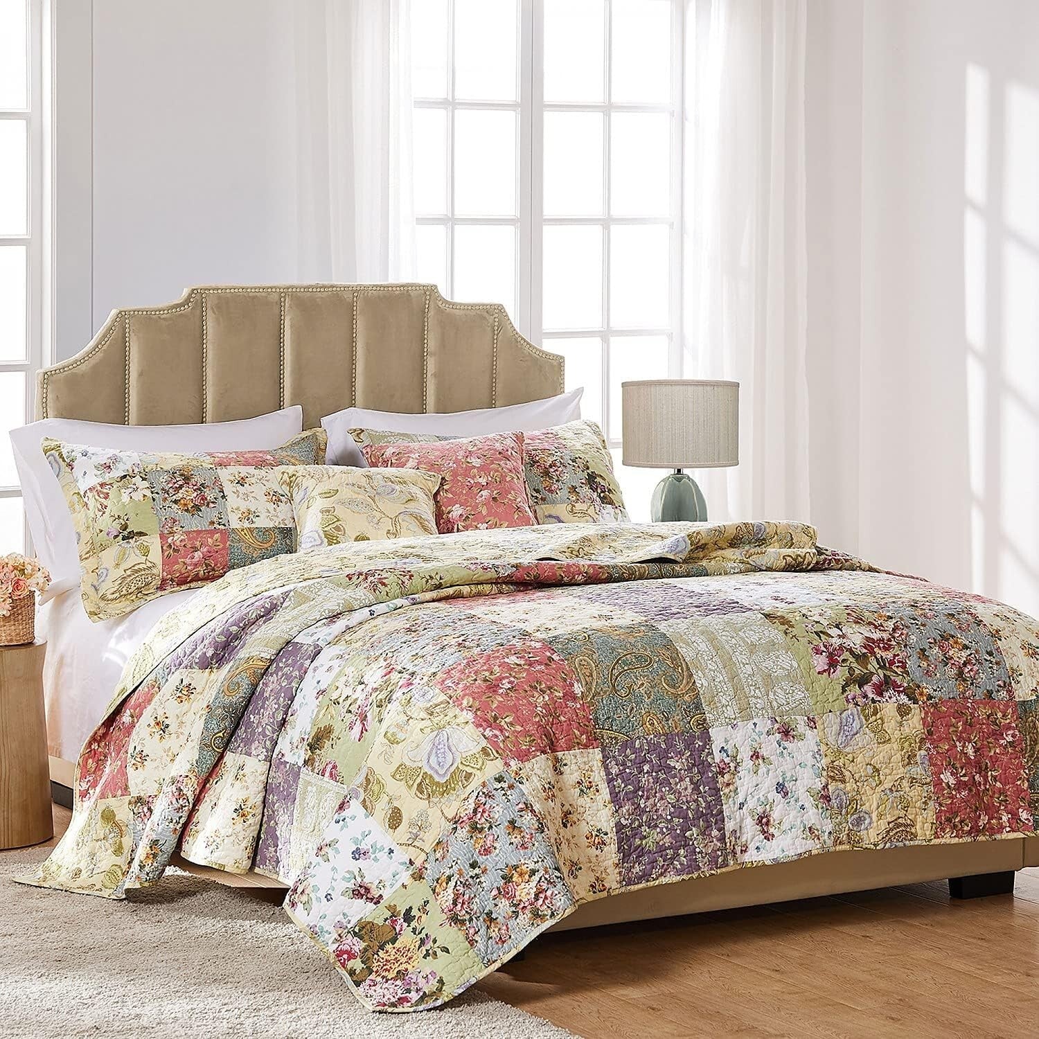 5-Piece Floral Patchwork Quilt Set, 100% Cotton - Full/Queen Reversible Luxury