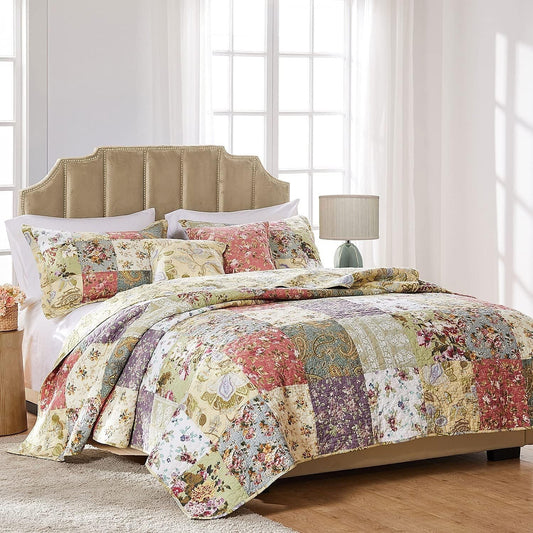 5-Piece Floral Patchwork Quilt Set, 100% Cotton - Full/Queen Reversible Luxury