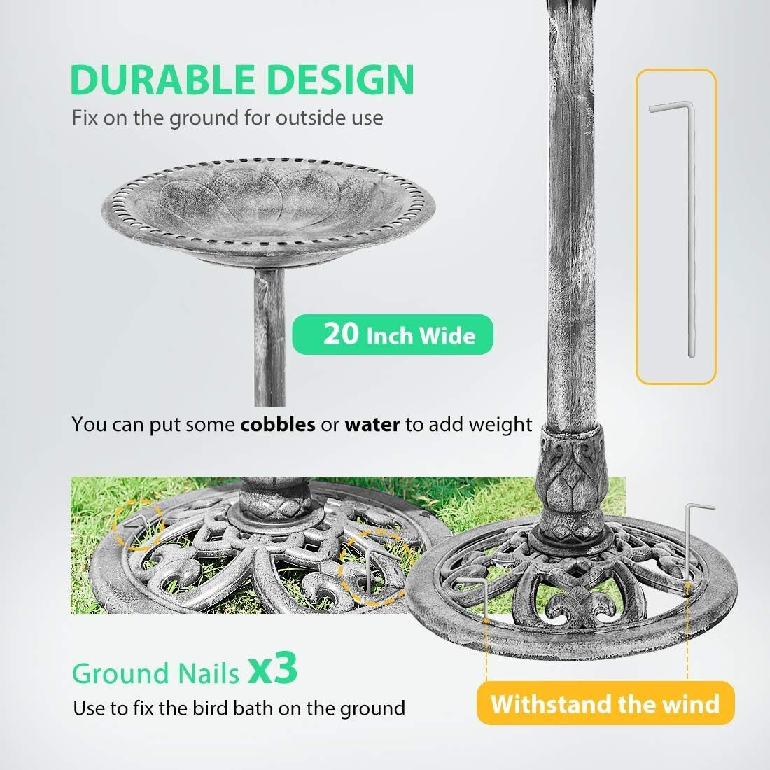 Durable 20-Inch Diameter Garden Bird Bath with Elegant Antique Design - Gray