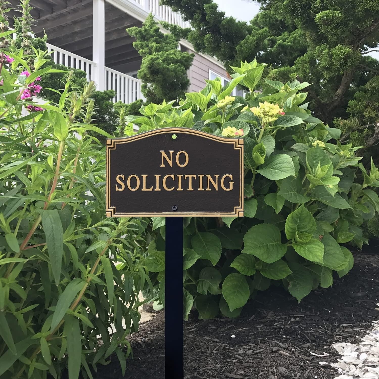 Elegant No Soliciting Metal Sign with 18" Lawn Stake - Weather Resistant Plaque