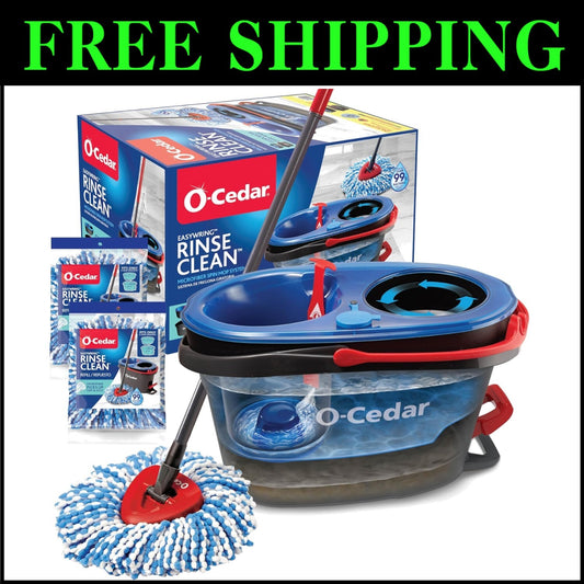 RinseClean Spin Mop System with Dual-Chamber Bucket & 2 Extra Microfiber Heads