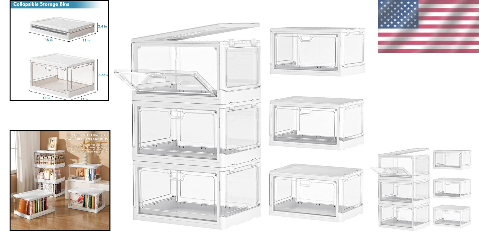Effortless Folding Storage Bins with Dual Opening Mechanisms - White 3 Set