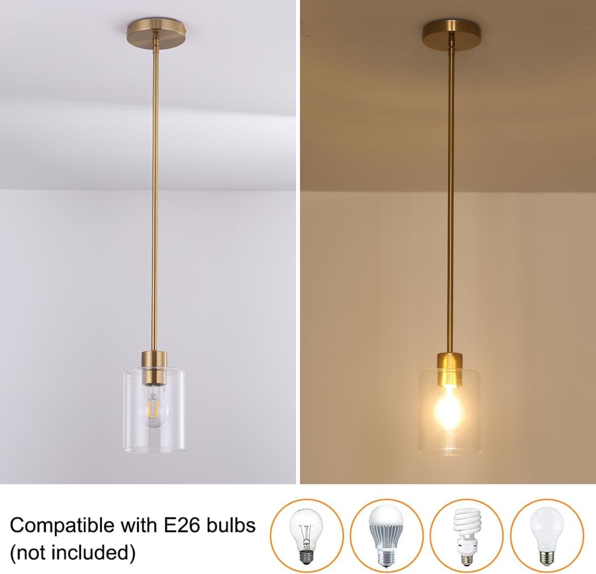 Elegant Brass Glass Pendant Lights for Kitchen Island - 2 Pack Dimmable Fixtures