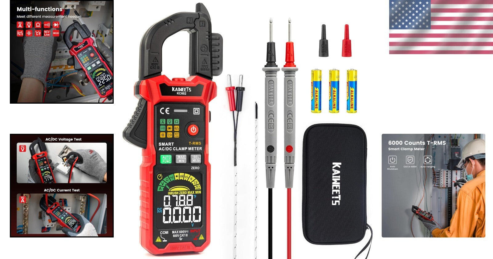 Battery-Powered Clamp Multimeter with Temperature Measurement & Safety Features