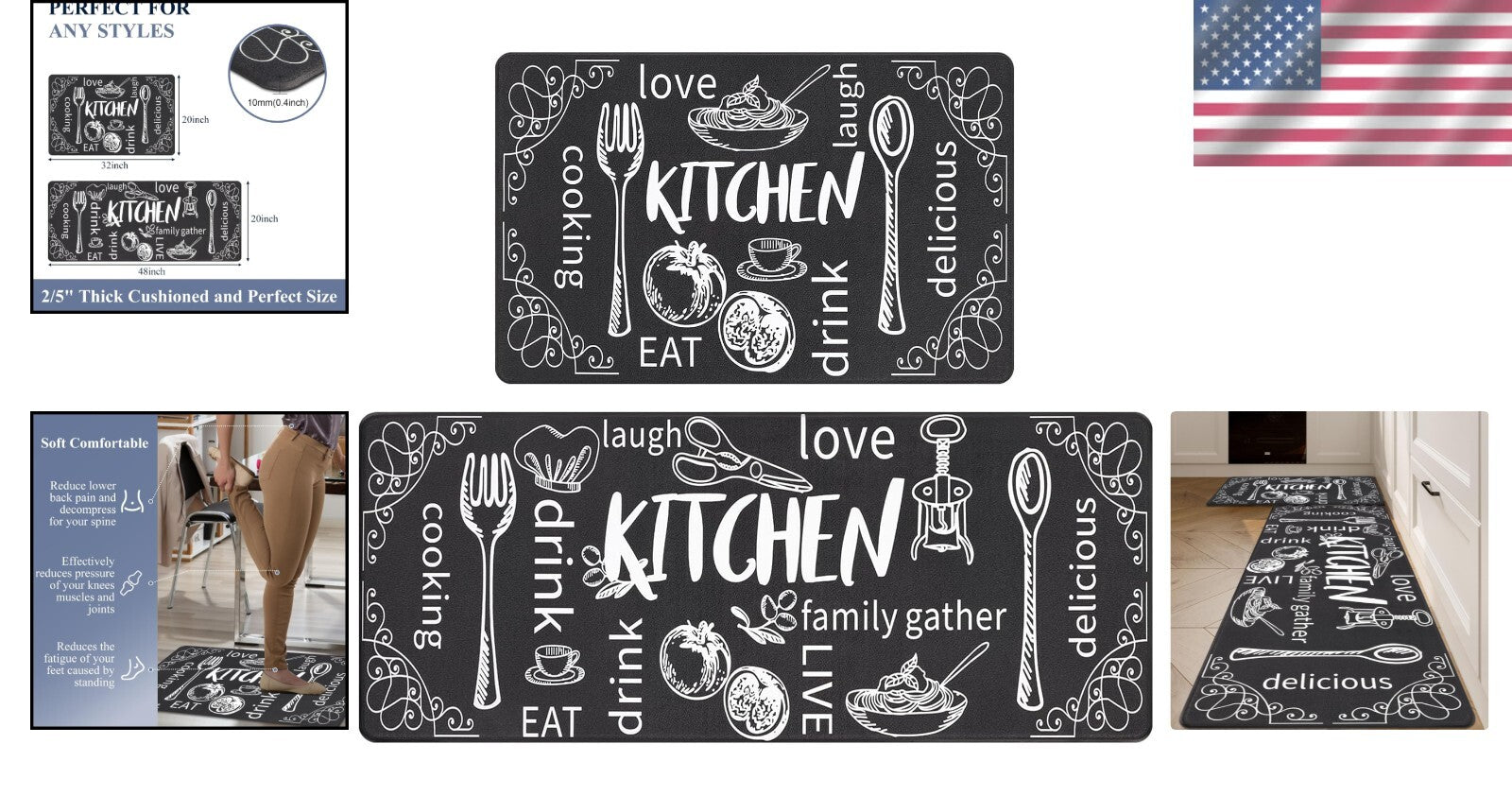 Cushioned Anti-Fatigue Kitchen Mat Set of 2 - Waterproof Non-Slip Comfort