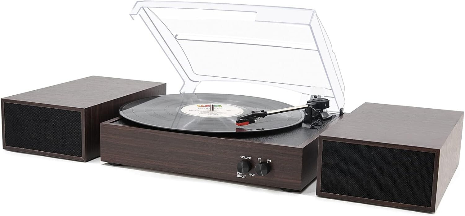 Elegant Wireless Vinyl Turntable with Auto-Stop & Stylish Speakers - Wood Finish