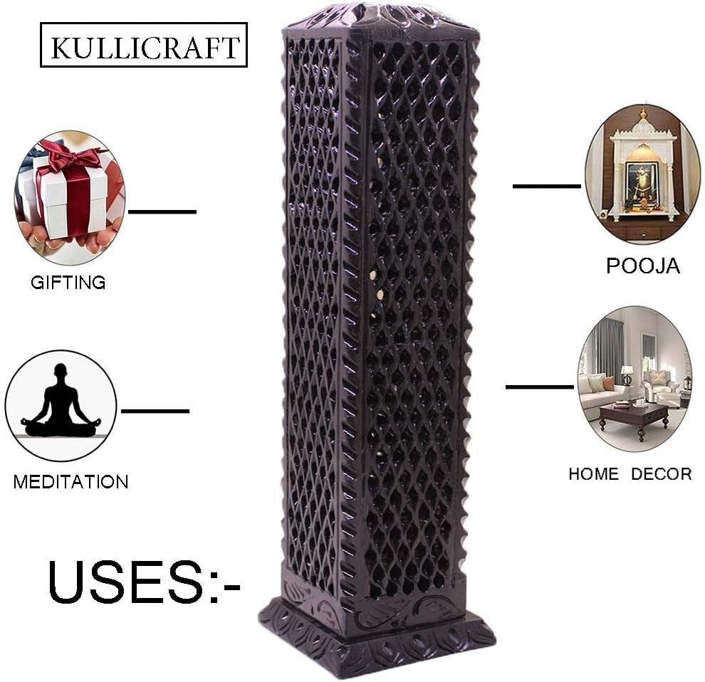 Multi-Purpose Black Soapstone Incense Holder & Tea Light Burner - 3x3x11 Inches