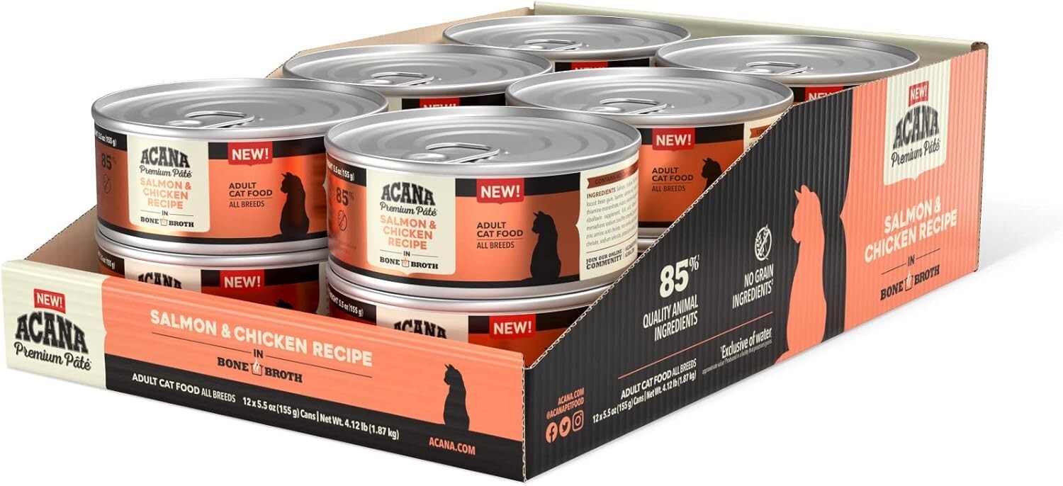 High Protein Salmon & Chicken Recipe Cat Food in Rich Beef Bone Broth - 12 Cans