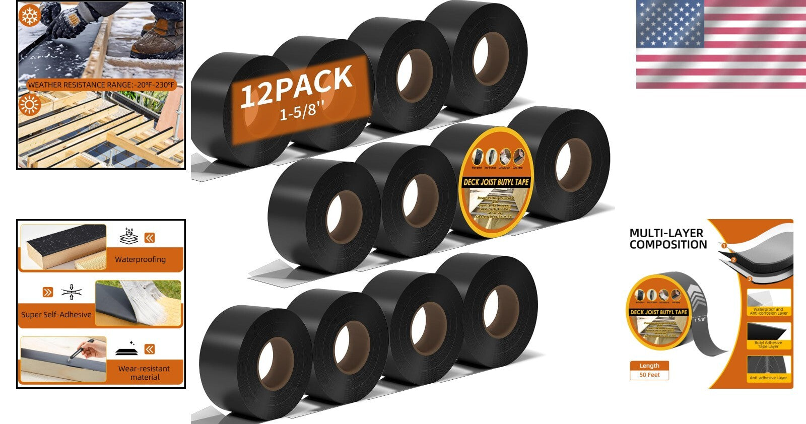12 Pack Waterproof Deck Joist Tape 1-5/8'' x 50' - Ultimate Protection for Decks