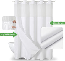 Load image into Gallery viewer, Modern White Shower Curtain with Easy Install Snap-in Liner for Luxury Bathrooms