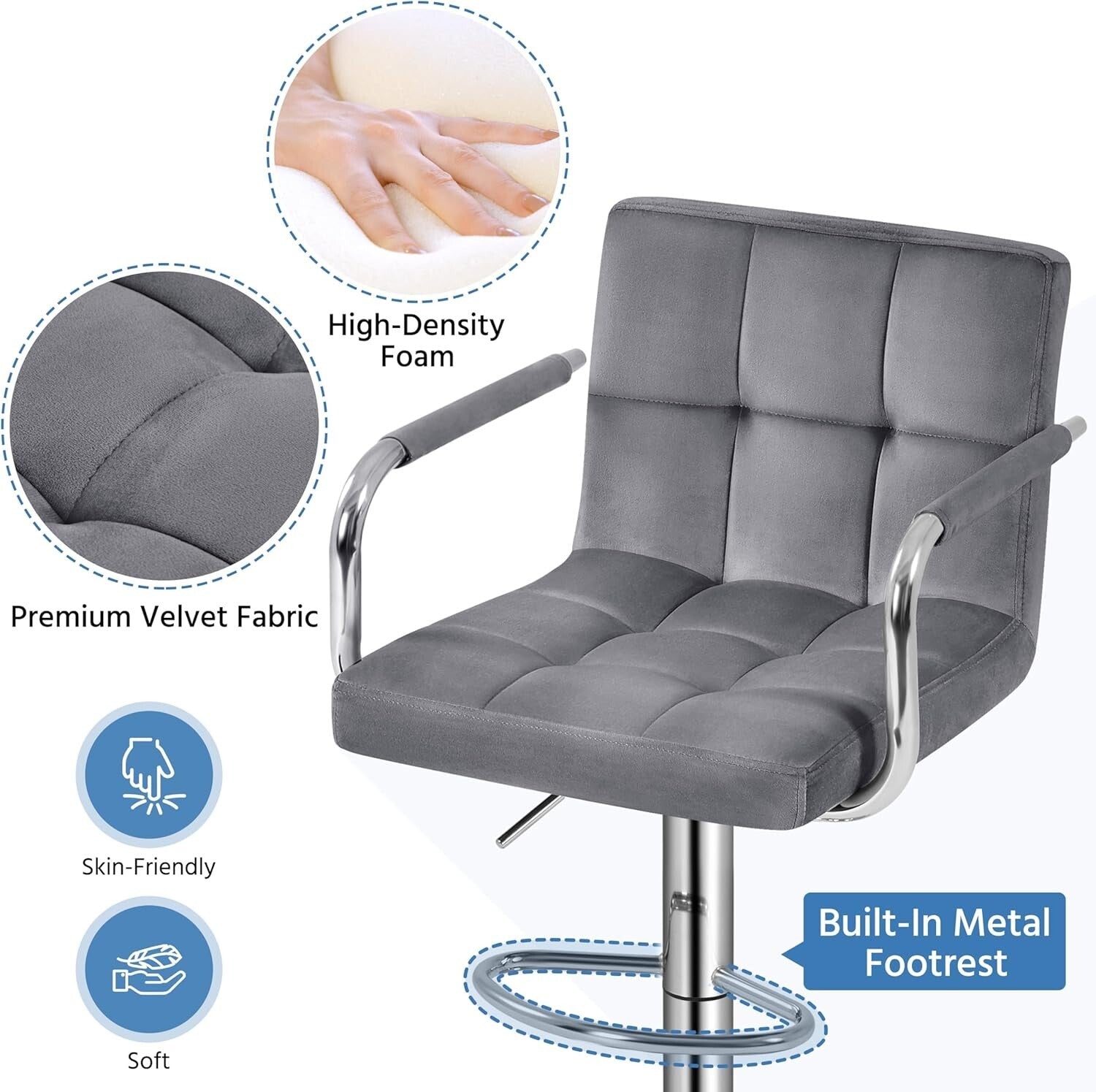 Set of 2 Elegant Velvet Swivel Bar Stools with Adjustable Height - Modern Design