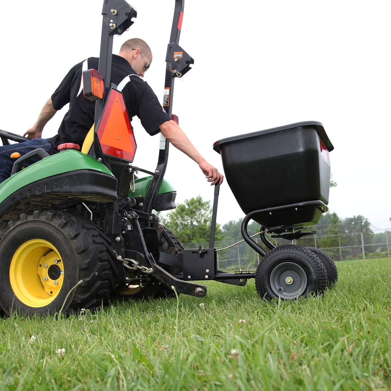 Tow Behind Broadcast Spreader - 175 lb Capacity with Universal Hitch & Autoflow