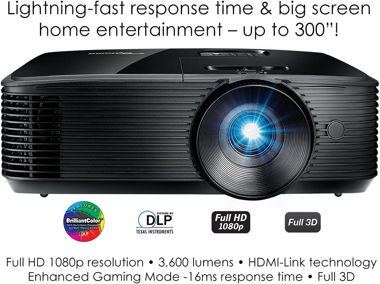 Versatile 3600 Lumens DLP Projector for Gaming & Movies, 1:1 Zoom Functionality