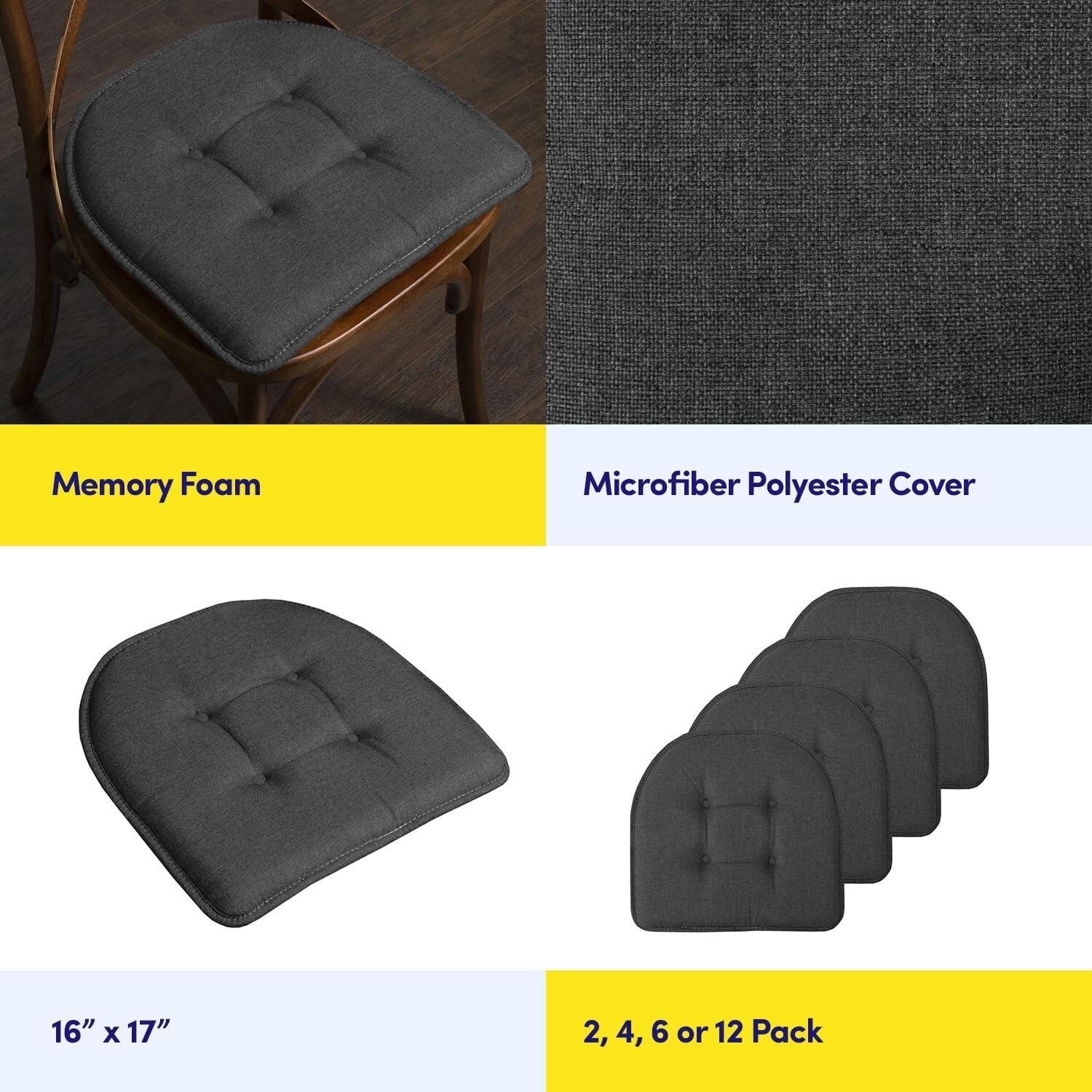 Non-Skid 6 Pack Charcoal Gray Memory Foam Chair Pads - Stylish Tufted Design