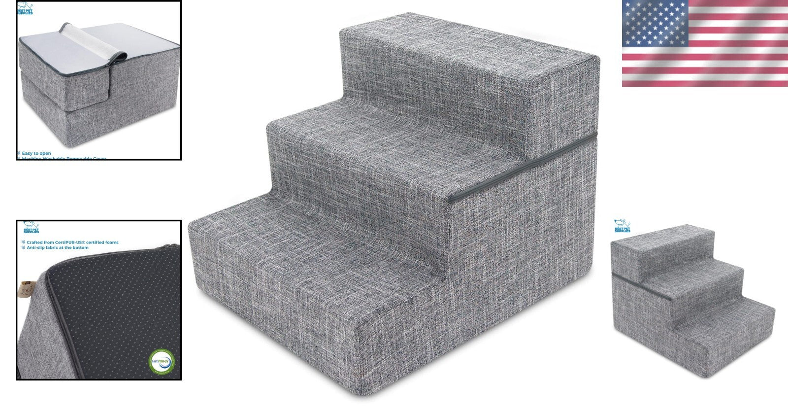 Elegant Non-Slip 3-Step Foam Pet Ladder for Small Dogs and Cats - Gray Linen