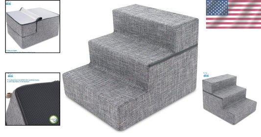 Elegant Non-Slip 3-Step Foam Pet Ladder for Small Dogs and Cats - Gray Linen