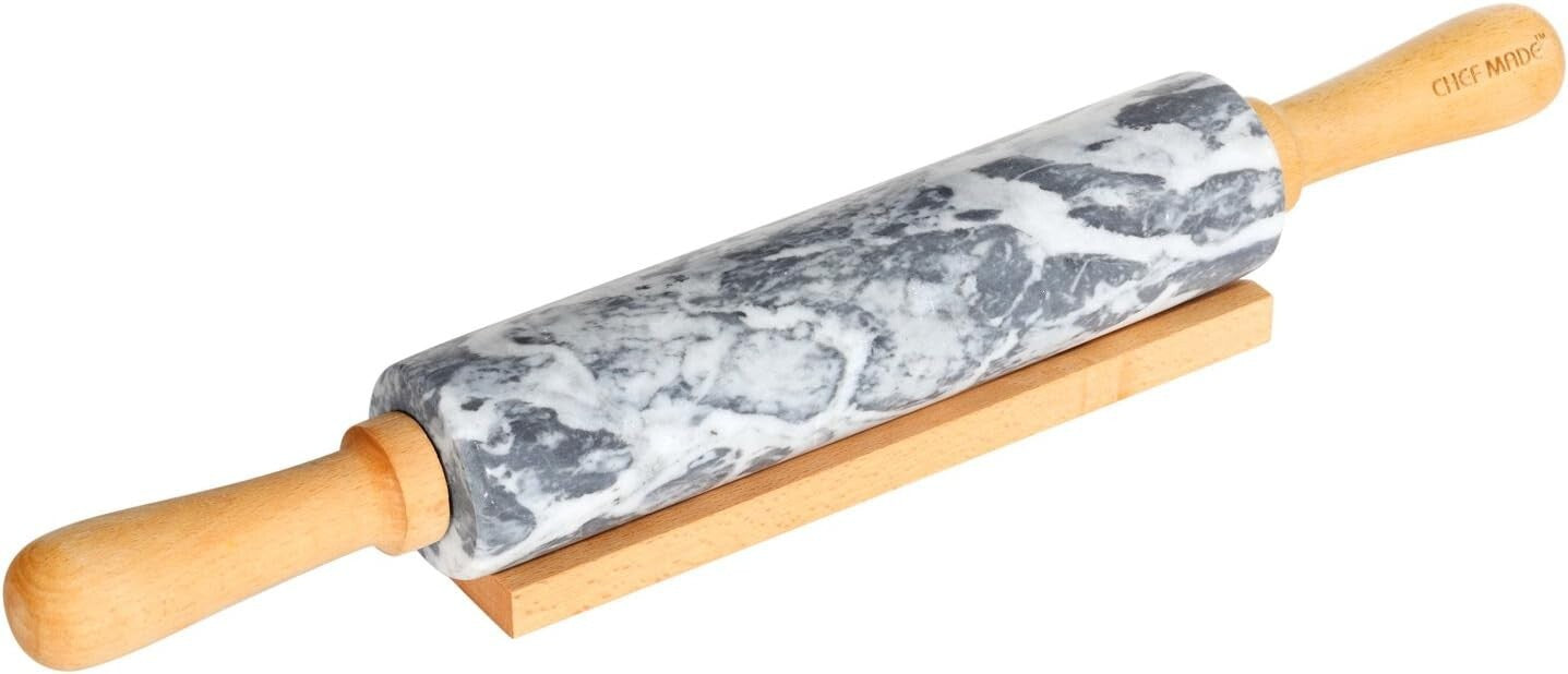 Elegant 18-Inch Marble Rolling Pin with Wooden Handles - Non-Stick Gray & White