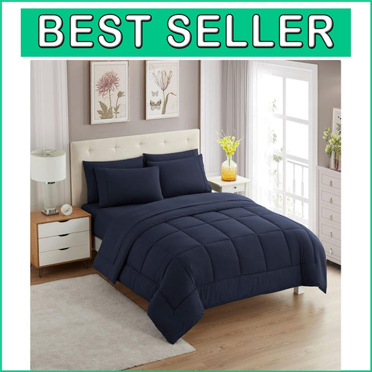 Elegant Down Alternative Comforter and Microfiber Sheet Set in Navy - Twin Size