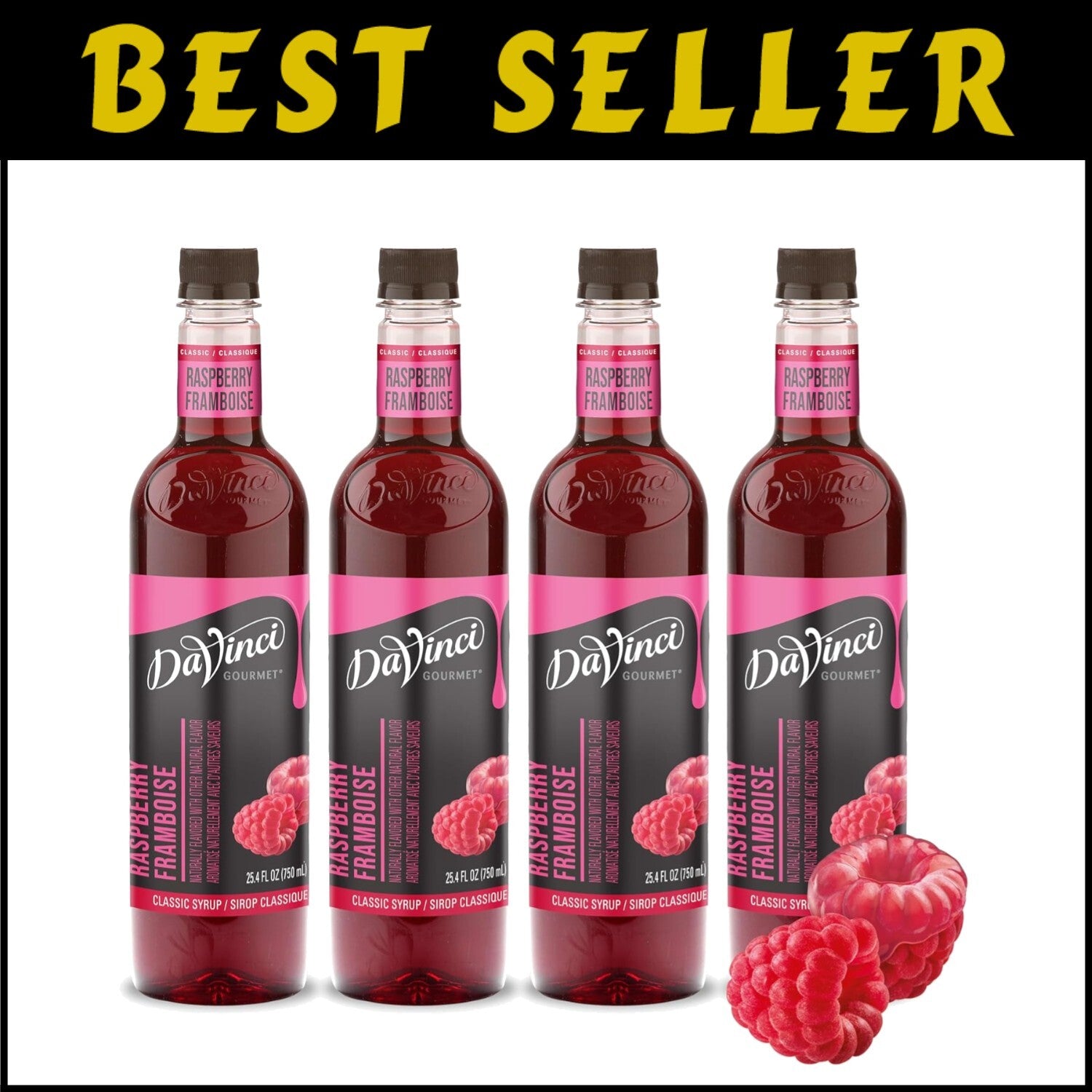 Classic Raspberry Syrup Pack of 4 - 25.4 fl oz Bottles for Gourmet Beverages