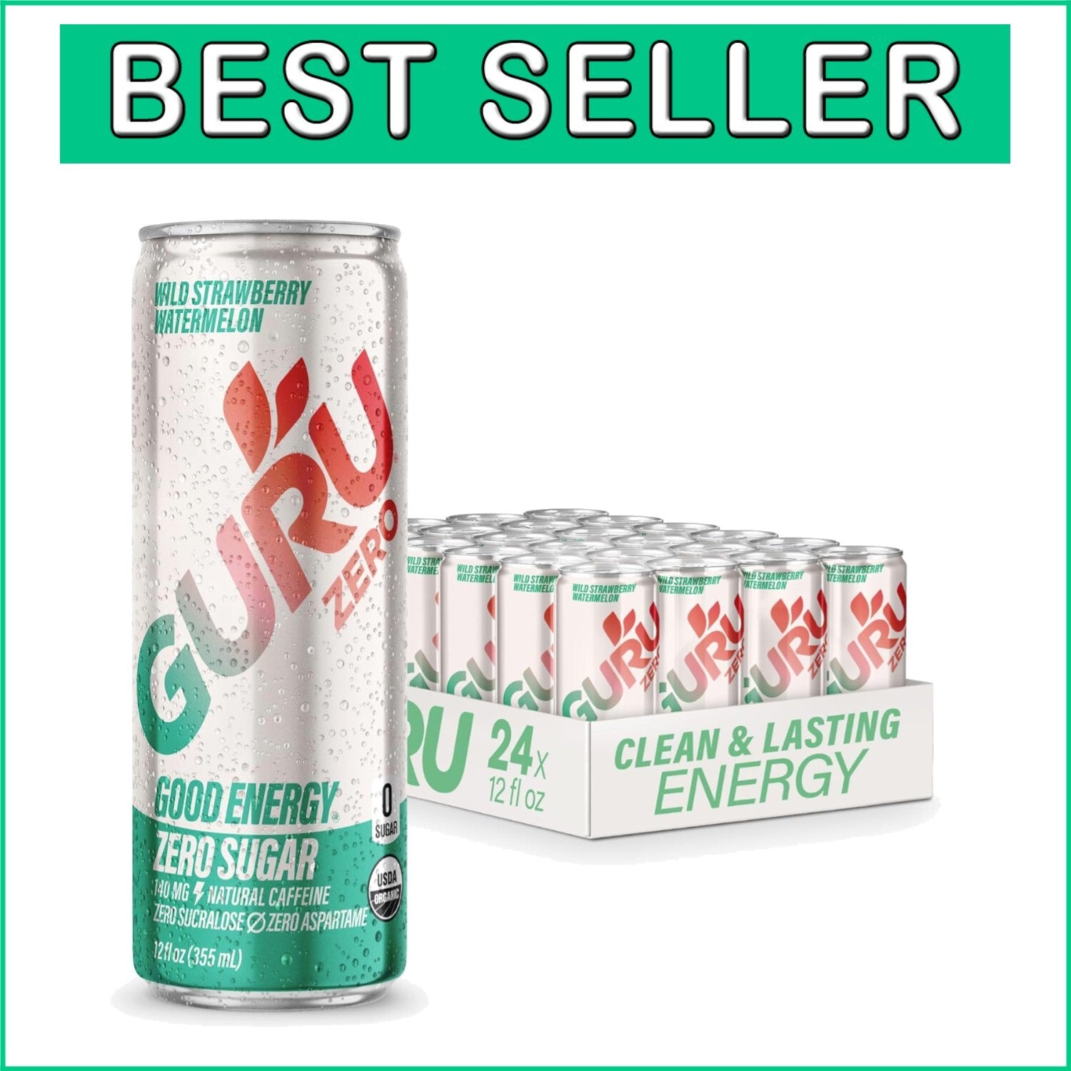 Clean Energy with Zero Sugar: Wild Strawberry Watermelon Organic Energy, 24 Cans