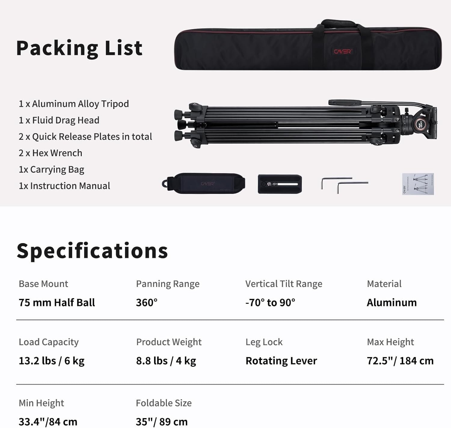 72" Heavy Duty Aluminum Video Tripod System with K3 Fluid Head & Quick Release