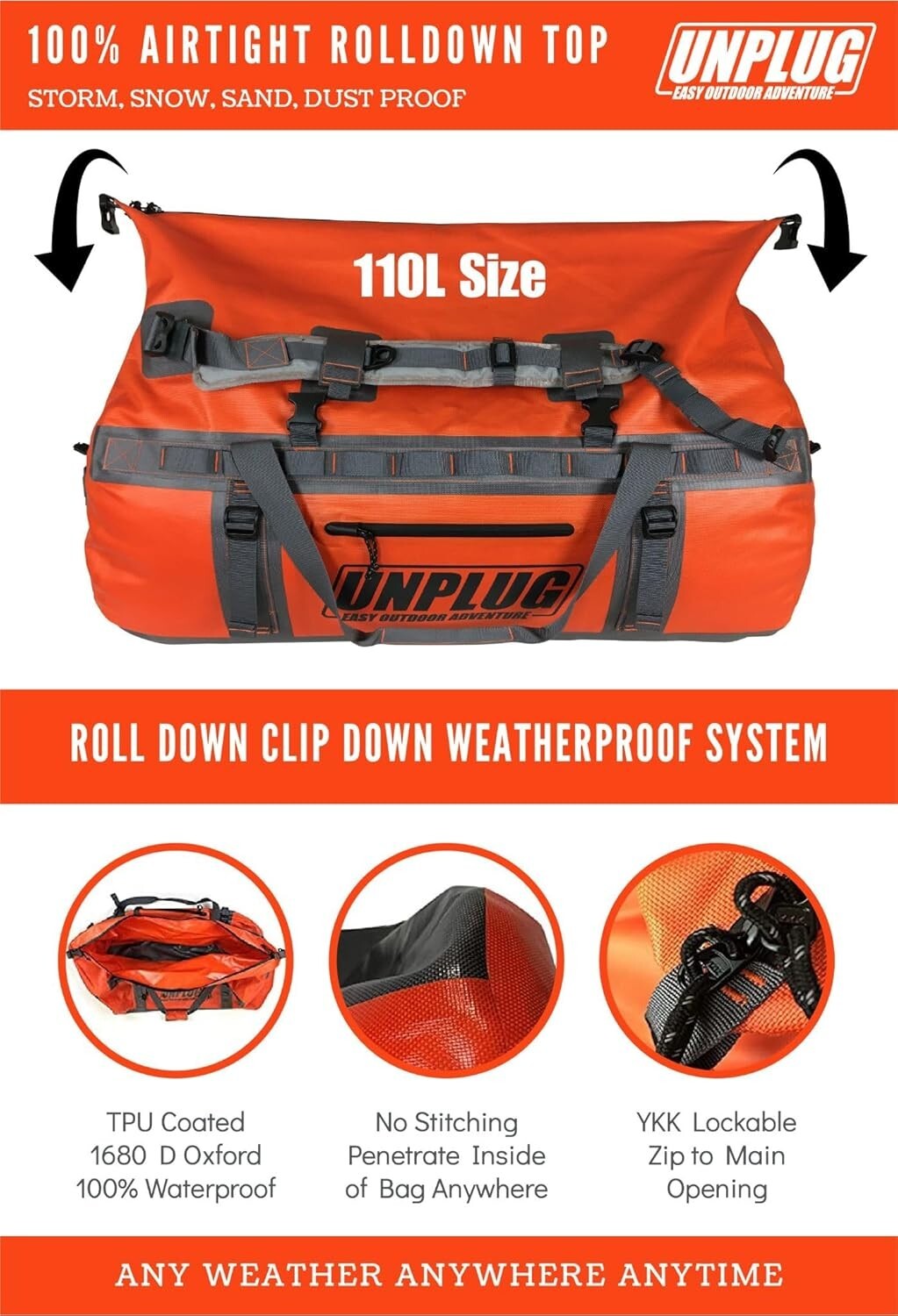 Heavy Duty Outdoor Duffle Bag - Waterproof for Motorcycling, Hunting, & More
